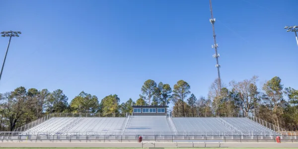 New pressbox on stadium from the 50-yard line