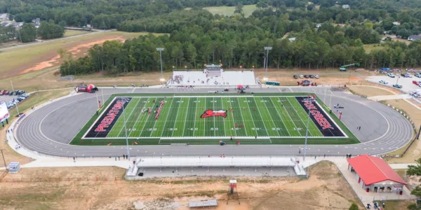 Aerial of football field during the day