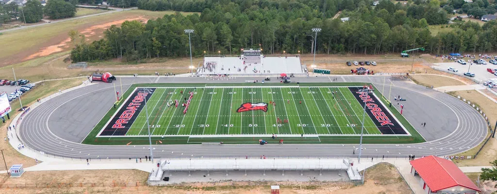 Aerial of football field during the day