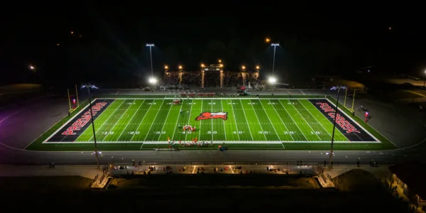 Aerial view of football field at night